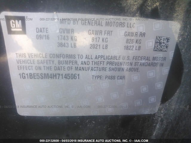 1G1BE5SM4H7145061 - 2017 CHEVROLET CRUZE LT 黑色 照片 9