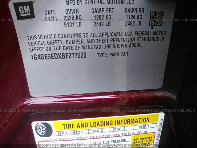 1G4GE5EDXBF277520 - 2011 BUICK LACROSSE CXS MAROON photo 9