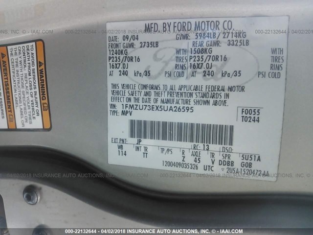 1FMZU73EX5UA26595 - 2005 FORD EXPLORER XLT/XLT SPORT/NBX GRAY photo 9