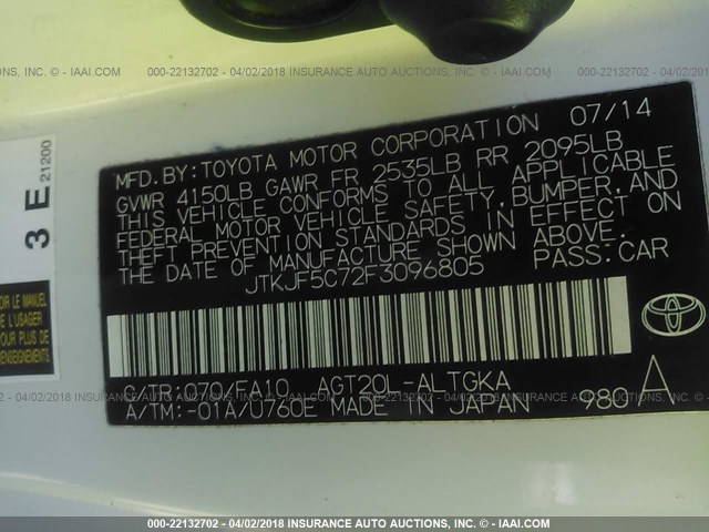 JTKJF5C72F3096805 - 2015 TOYOTA SCION TC 白色 照片 9