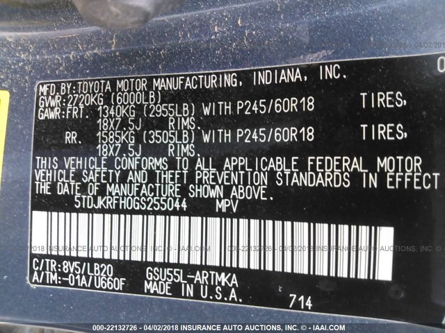 5TDJKRFH0GS255044 - 2016 TOYOTA HIGHLANDER XLE ლურჯი ფოტო 9