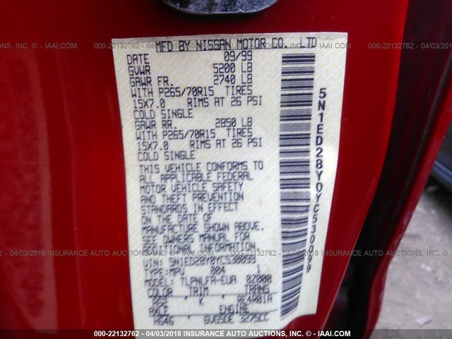 5N1ED28Y0YC530099 - 2000 NISSAN XTERRA XE/SE RED photo 9