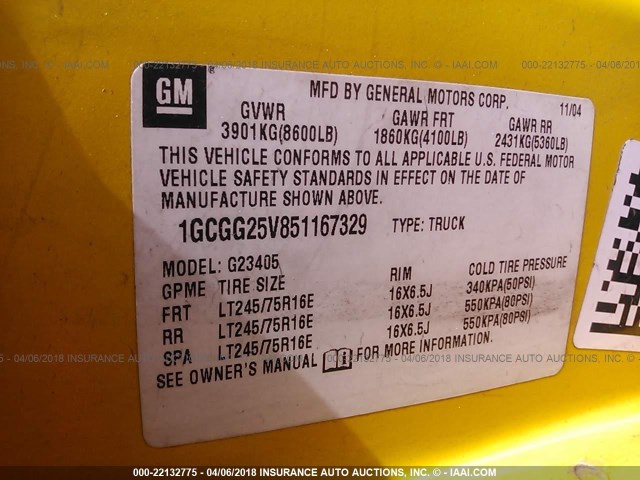 1GCGG25V851167329 - 2005 CHEVROLET EXPRESS G2500  YELLOW photo 9