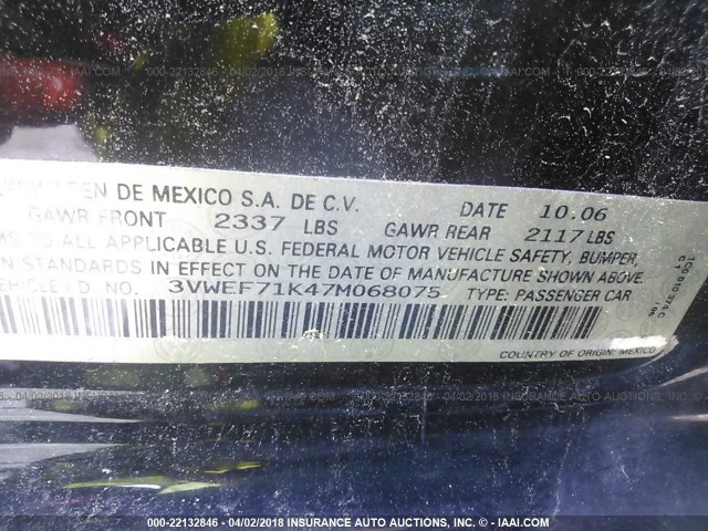 3VWEF71K47M068075 - 2007 VOLKSWAGEN JETTA WOLFSBURG 黑色 照片 9