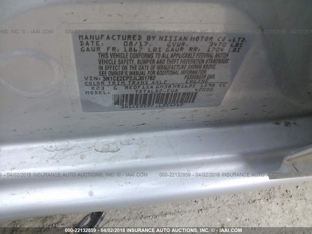 3N1CE2CP2JL351762 - 2018 NISSAN VERSA NOTE S/S PLUS/SV/SL/SR SILVER photo 9