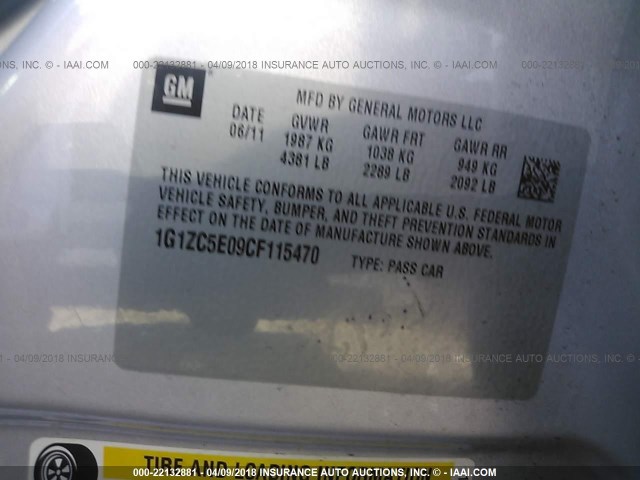 1G1ZC5E09CF115470 - 2012 CHEVROLET MALIBU 1LT 银色 照片 9