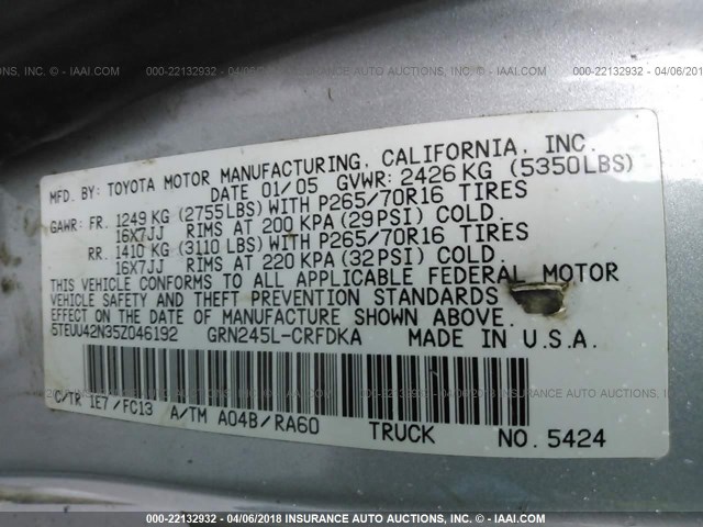 5TEUU42N35Z046192 - 2005 TOYOTA TACOMA ACCESS CAB Күміс фото 9