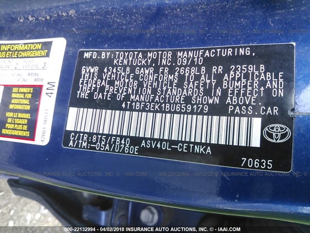 4T1BF3EK1BU659179 - 2011 TOYOTA CAMRY SE/LE/XLE BLUE photo 9