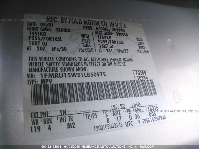 1FMRU15W51LB50972 - 2001 FORD EXPEDITION XLT SILVER photo 9