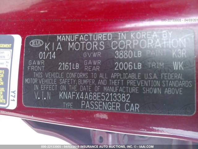 KNAFX4A68E5213382 - 2014 KIA FORTE LX RED photo 9