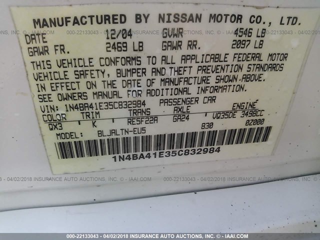 1N4BA41E35C832984 - 2005 NISSAN MAXIMA SE/SL WHITE photo 9