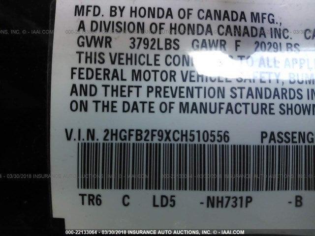2HGFB2F9XCH510556 - 2012 HONDA CIVIC EXL BLACK photo 9