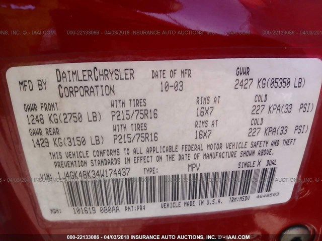 1J4GK48K34W174437 - 2004 JEEP LIBERTY SPORT 红色 照片 9