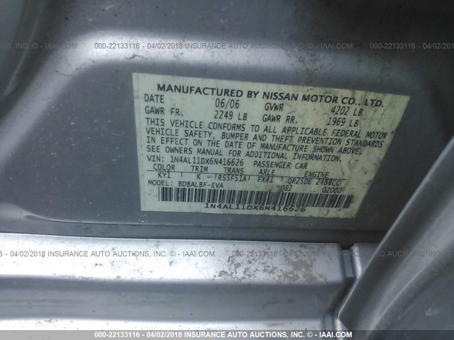 1N4AL11DX6N416626 - 2006 NISSAN ALTIMA S/SL SILVER photo 9