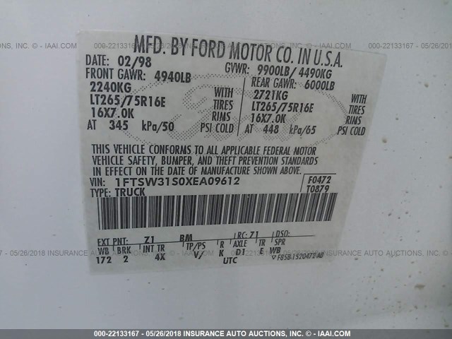 1FTSW31S0XEA09612 - 1999 FORD F350 SRW SUPER DUTY WHITE photo 9