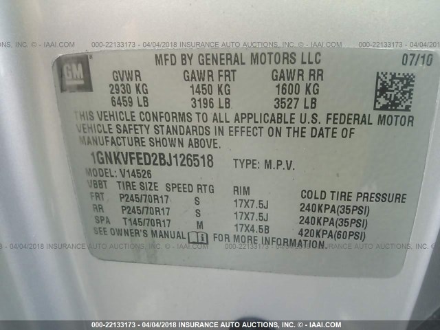 1GNKVFED2BJ126518 - 2011 CHEVROLET TRAVERSE LS SILVER photo 9