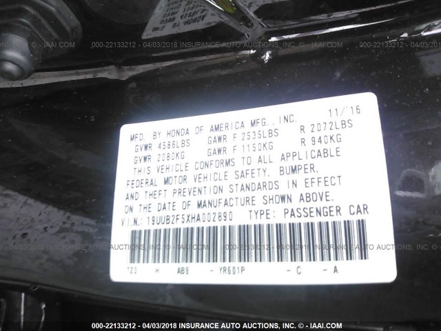 19UUB2F5XHA002890 - 2017 ACURA TLX TECH PURPLE photo 9