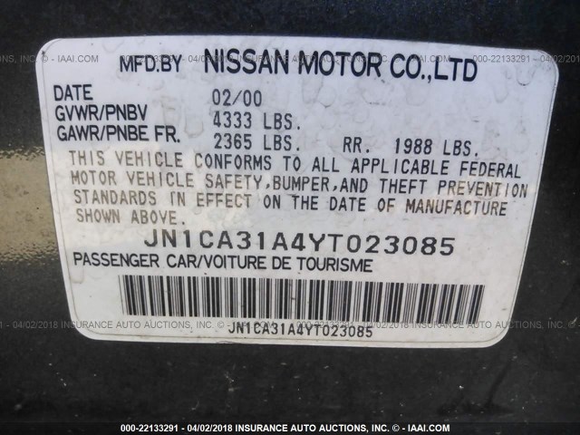 JN1CA31A4YT023085 - 2000 NISSAN MAXIMA GLE/GXE/SE GRAY photo 9