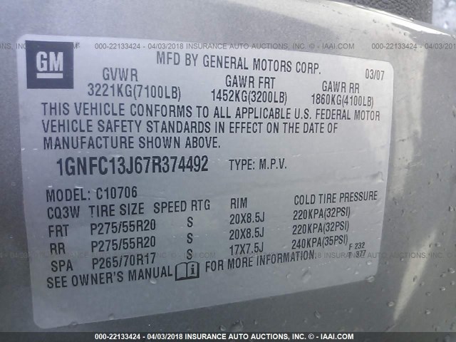 1GNFC13J67R374492 - 2007 CHEVROLET TAHOE C1500 GRAY photo 9