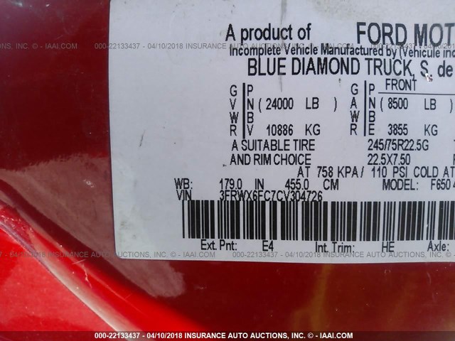 3FRWX6FC7CV304726 - 2012 FORD F650 SUPER DUTY RED photo 10