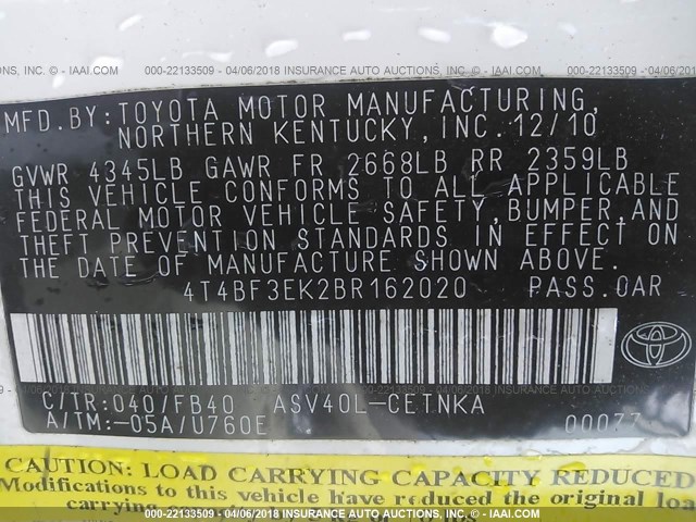 4T4BF3EK2BR162020 - 2011 TOYOTA CAMRY SE/LE/XLE WHITE photo 9