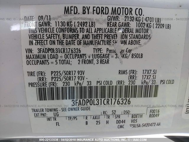 3FADP0L31CR176326 - 2012 FORD FUSION HYBRID WHITE photo 9