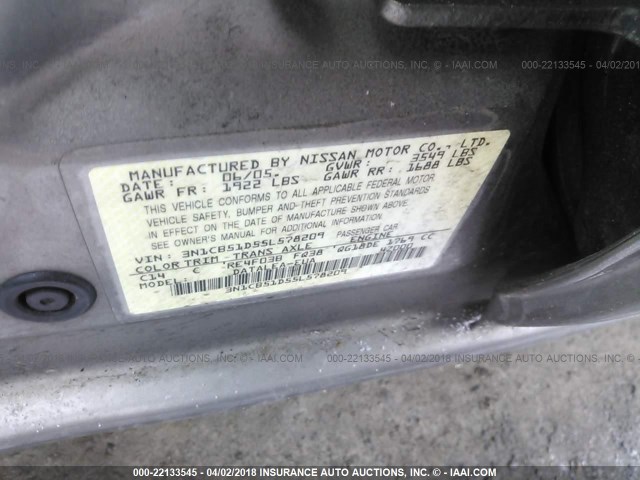 3N1CB51D55L578209 - 2005 NISSAN SENTRA 1.8/1.8S GRAY photo 9