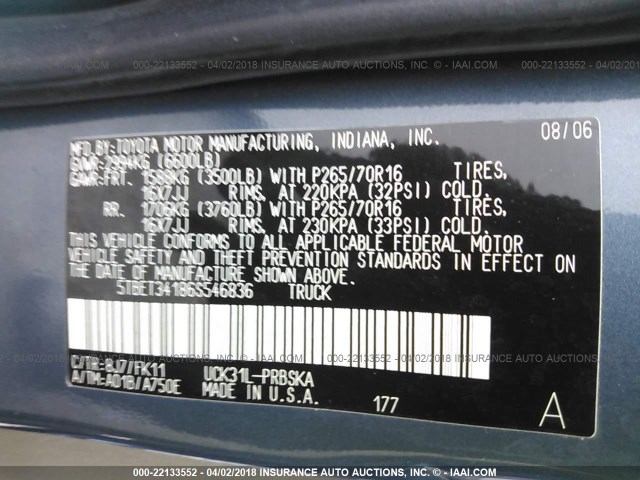 5TBET34186S546836 - 2006 TOYOTA TUNDRA DOUBLE CAB SR5 BLUE photo 9