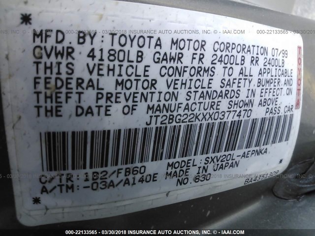 JT2BG22KXX0377470 - 1999 TOYOTA CAMRY LE/XLE GRAY photo 9