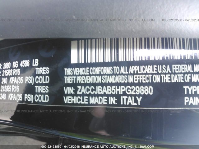 ZACCJBAB5HPG29880 - 2017 JEEP RENEGADE SPORT Սև լուսանկար 9