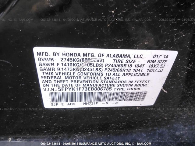 5FPYK1F73EB006785 - 2014 HONDA RIDGELINE SPORT BLACK photo 9