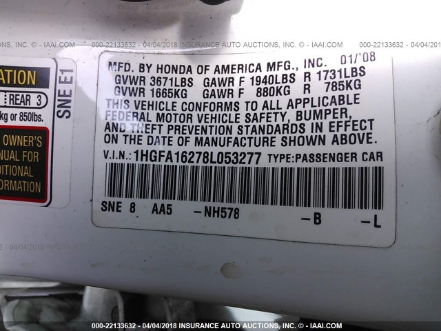 1HGFA16278L053277 - 2008 HONDA CIVIC DX WHITE photo 9