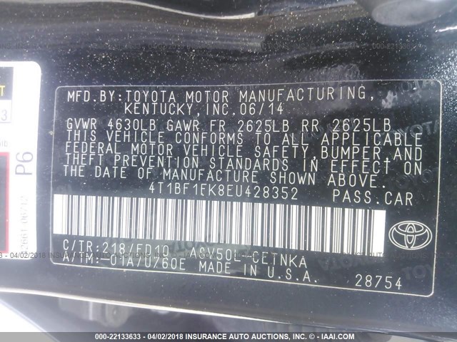 4T1BF1FK8EU428352 - 2014 TOYOTA CAMRY L/SE/LE/XLE 黑色 照片 9