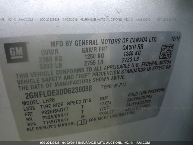 2GNFLDE30D6230038 - 2013 CHEVROLET EQUINOX LT SILVER photo 9