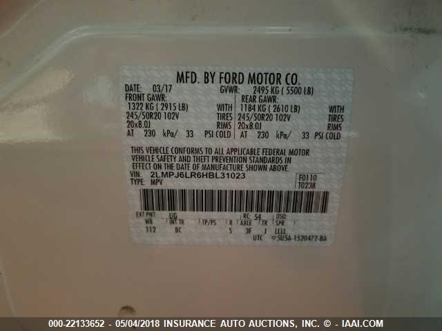 2LMPJ6LR6HBL31023 - 2017 LINCOLN MKX RESERVE Սպիտակ լուսանկար 9