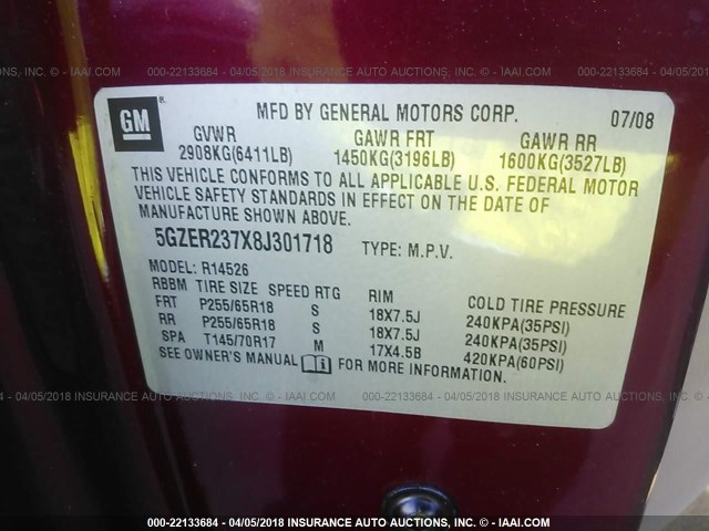 5GZER237X8J301718 - 2008 SATURN OUTLOOK XR წითელი ფოტო 9