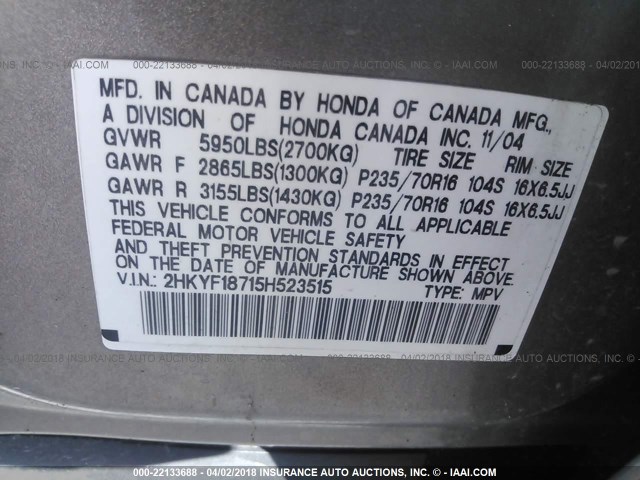 2HKYF18715H523515 - 2005 HONDA PILOT EXL GOLD photo 9