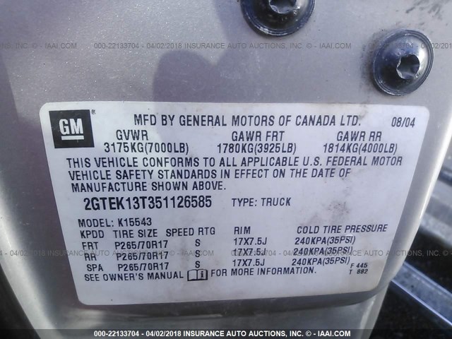 2GTEK13T351126585 - 2005 GMC NEW SIERRA K1500 SILVER photo 9