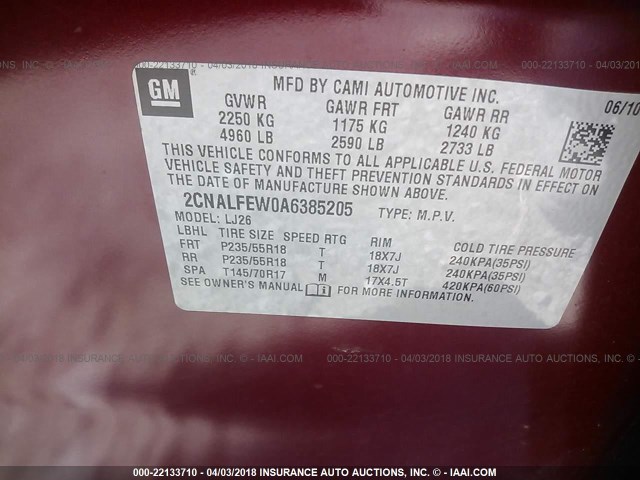 2CNALFEW0A6385205 - 2010 CHEVROLET EQUINOX LTZ BURGUNDY photo 9