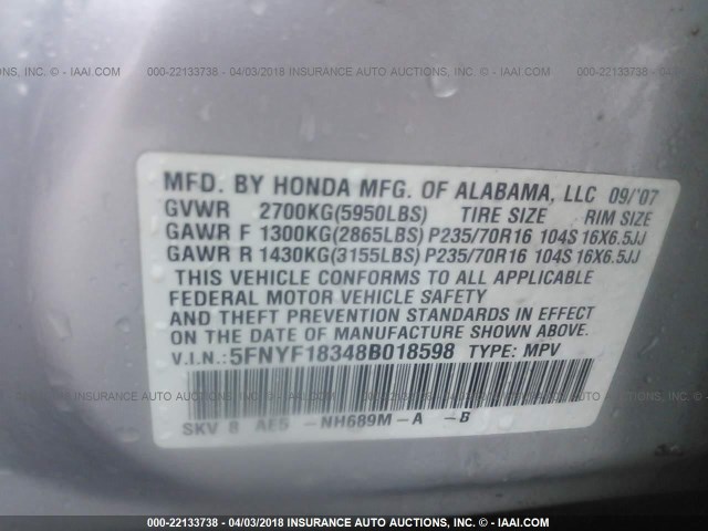 5FNYF18348B018598 - 2008 HONDA PILOT SE SILVER photo 9