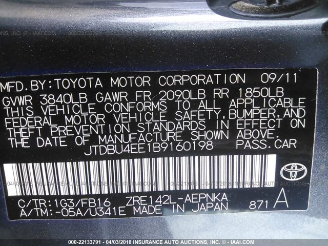 JTDBU4EE1B9160198 - 2011 TOYOTA COROLLA S/LE GRAY photo 9