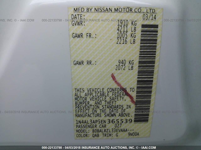 1N4AL3AP5EN365539 - 2014 NISSAN ALTIMA 2.5/S/SV/SL 白色 照片 9