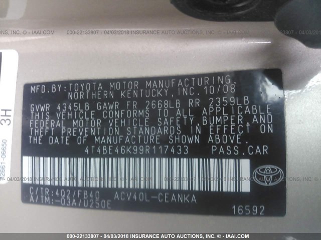 4T4BE46K99R117433 - 2009 TOYOTA CAMRY SE/LE/XLE GOLD photo 9