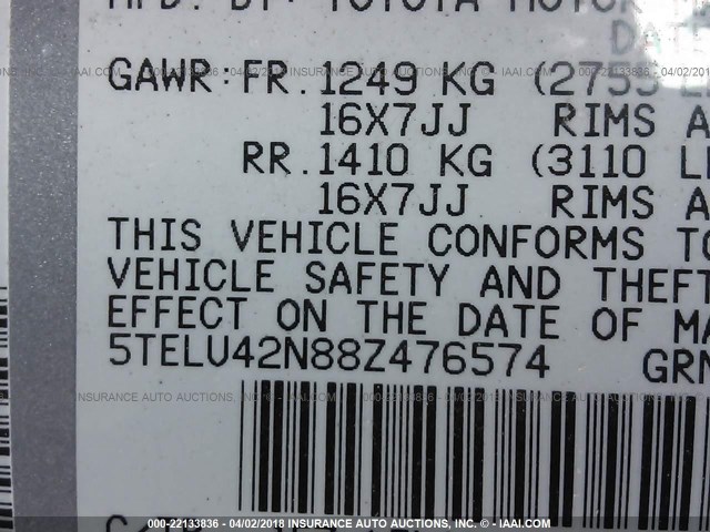 5TELU42N88Z476574 - 2008 TOYOTA TACOMA DOUBLE CAB ვერცხლისფერი ფოტო 9