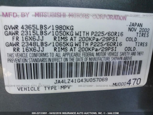 JA4LZ41G43U057069 - 2003 MITSUBISHI OUTLANDER XLS GRAY photo 9