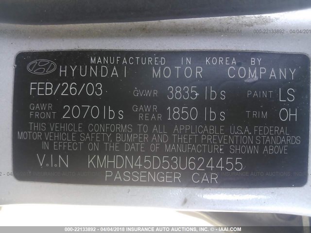 KMHDN45D53U624455 - 2003 HYUNDAI ELANTRA GLS/GT SILVER photo 9