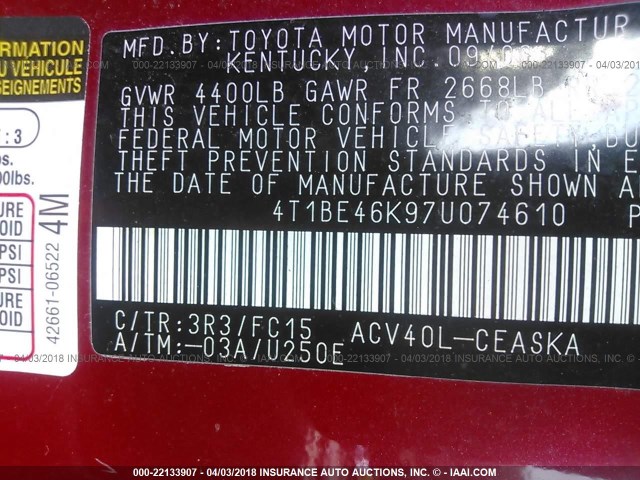 4T1BE46K97U074610 - 2007 TOYOTA CAMRY NEW GENERAT CE/LE/XLE/SE RED photo 9