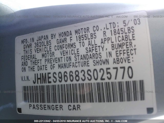 JHMES96683S025770 - 2003 HONDA CIVIC HYBRID BLUE photo 9