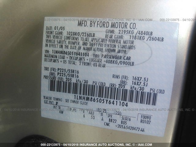 1LNHM86S05Y641104 - 2005 LINCOLN LS GRAY photo 9