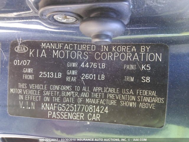 KNAFG525177081424 - 2007 KIA RONDO LX/EX BLUE photo 9